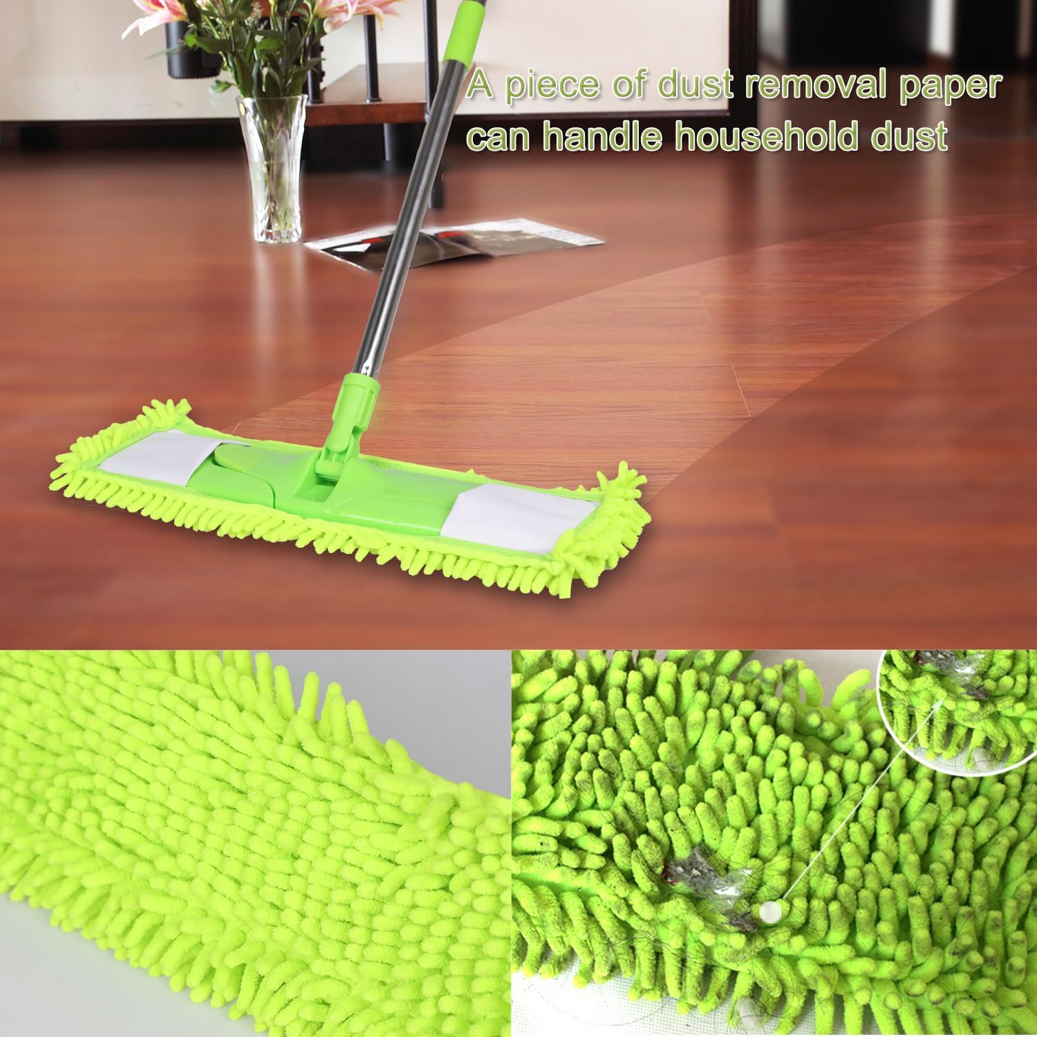 Dust Mop for Floor Cleaning with 2 Washable Chenille Pads and Extendable 58” Long Handle, Dry Wet