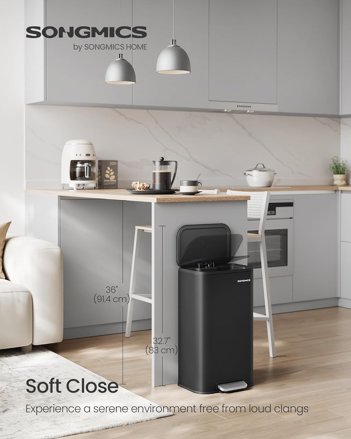 SONGMICS Kitchen Trash Can, 8-Gallon (30 L) Garbage Can with Lid, Stainless Steel, Soft Close and