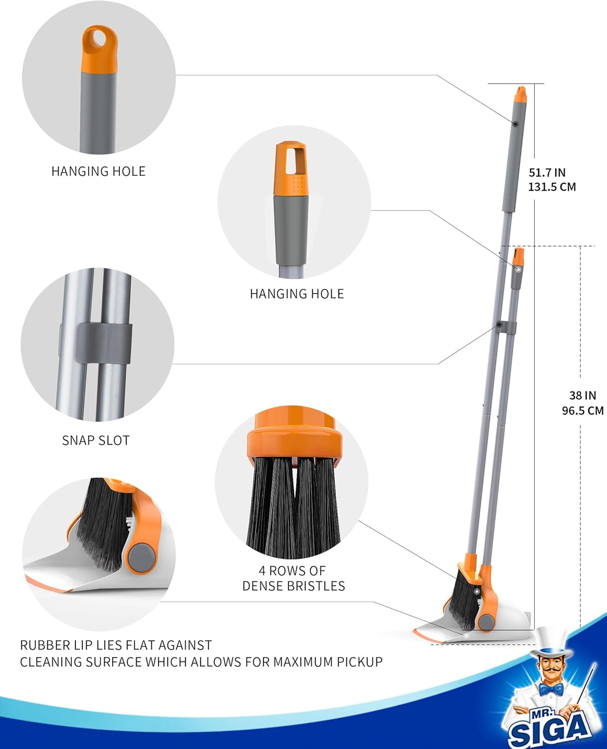 MR.SIGA Broom and Dustpan Set with Long Handle, Stand Upright Broom with Dustpan Combo for Cleaning