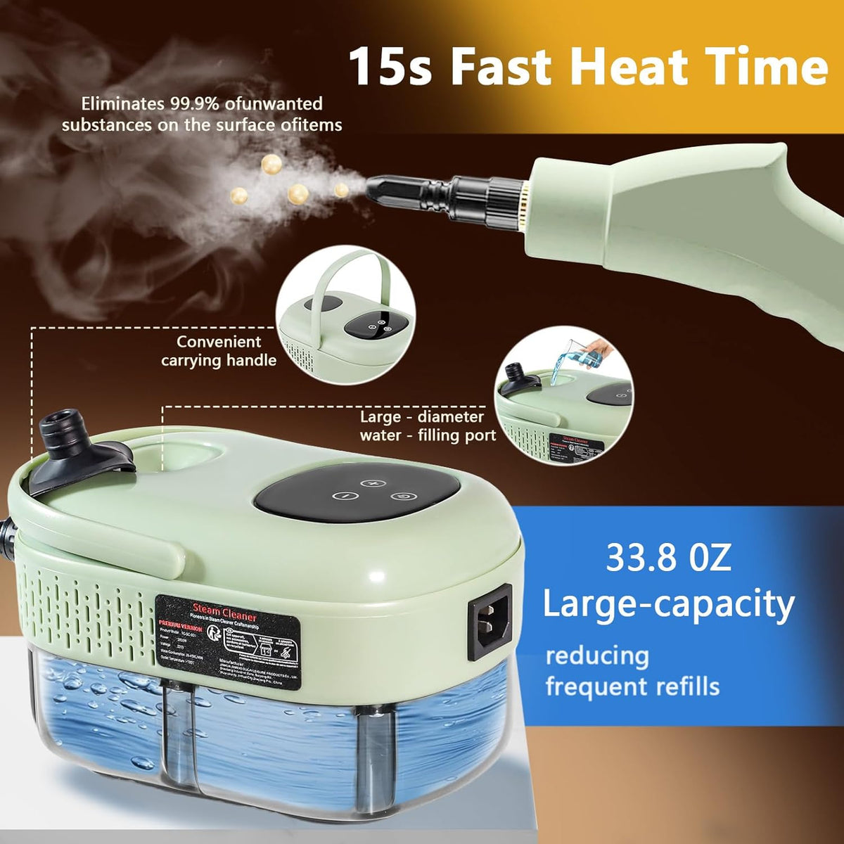Steam Cleaner, 15s Heat-Up, 6-Level Adjustable Handle, High Pressure Steamer for Cleaning with 11