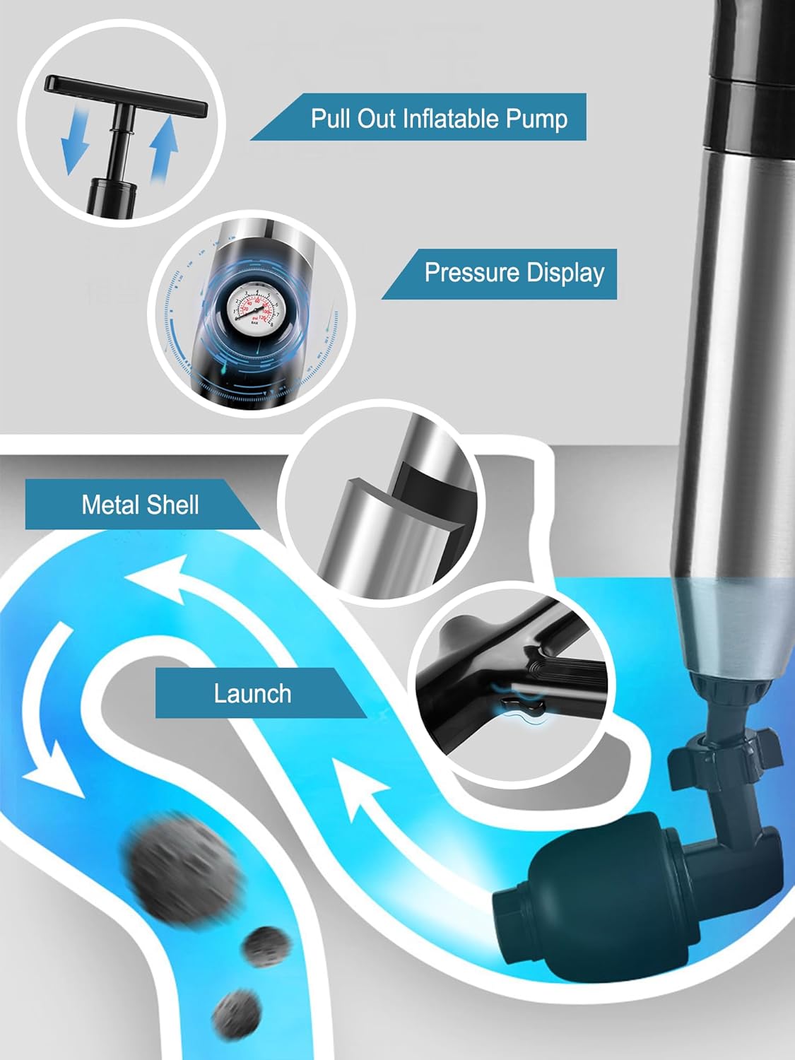 Toilet Plunger Drain Clog Remover Tool, High-Pressure Drain Snake Sink Plunger with Real-Time