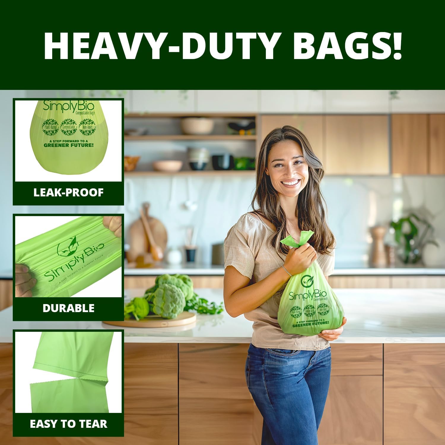 Simply Bio 1.6 Gallon Compostable Trash Bags Liners Handle, Heavy Duty Extra Thick 0.6 Mil, 6.06