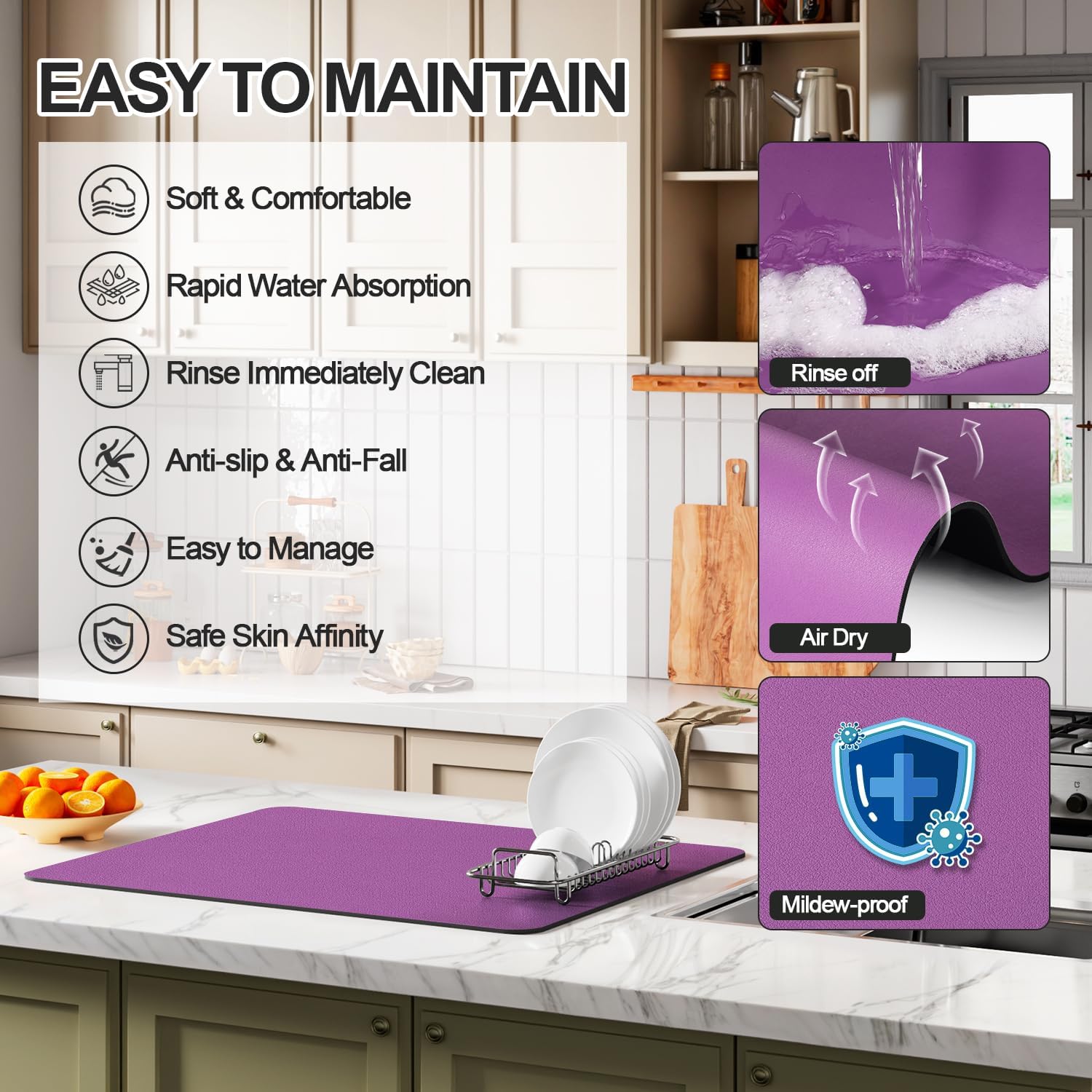 Dish Drying Mat for Kitchen Counter | Coffee Bar Mat for Countertops | Heat Resistant Drainer Mat