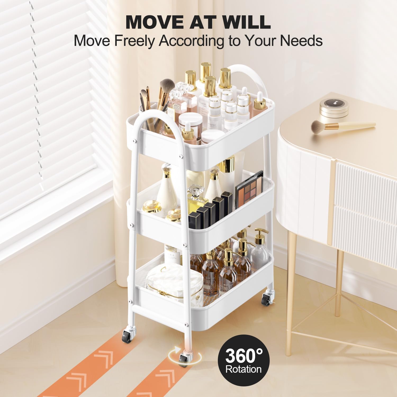 EAGMAK 3 Tier Rolling Cart Under Desk, Large Metal Storage Cart with Handle and Lockable Wheels