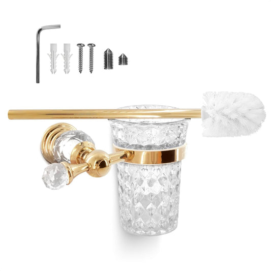 Gold Stainless Steel Toilet Brush with Crystal Toilet Brush Holder Set – Wall Mounted Holder