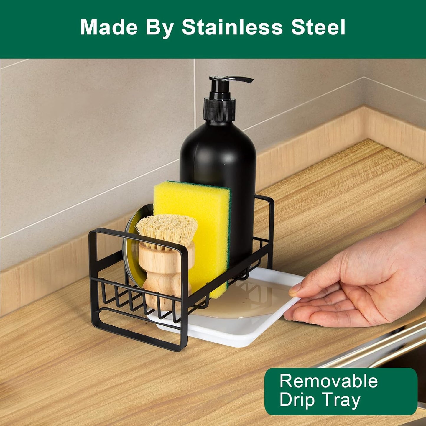 TEZZ Sponge Holder for Kitchen Sink- Stainless Steel Kitchen Sink Caddy for Organizing Sponge