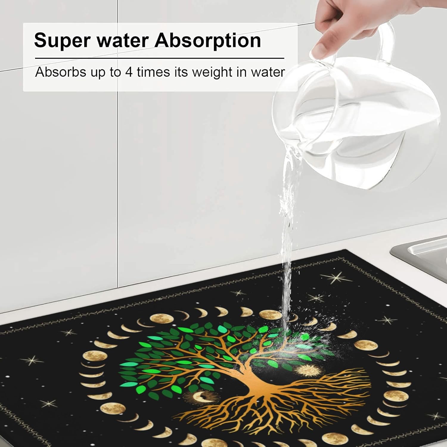 Black Microfiber Dish Drying Mat for Kitchen Counter 18"x24" Ancient Life Tree Decorative Dishes