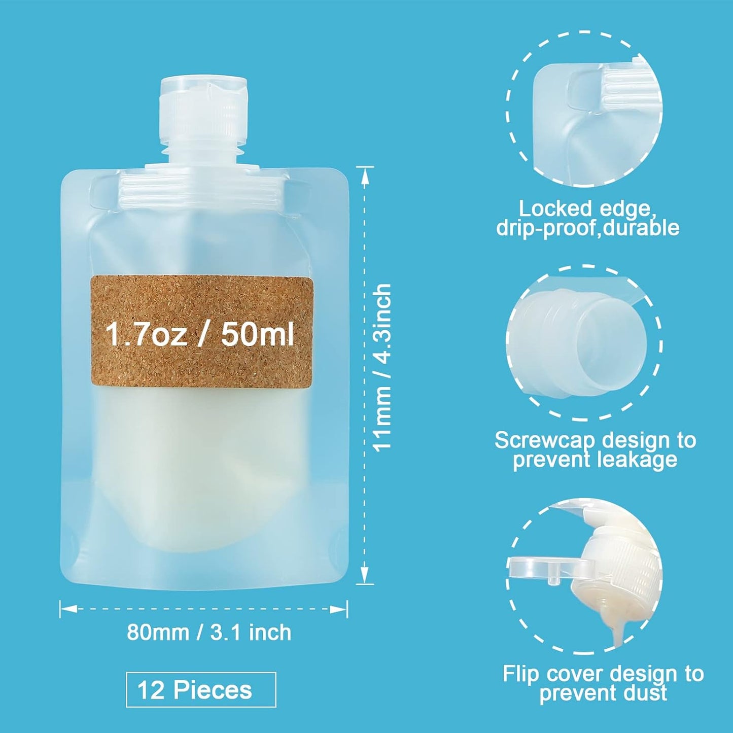 TailaiMei 12 Pieces Travel Pouches for Toiletries, TSA Approved Portable Travel Size, Refillable