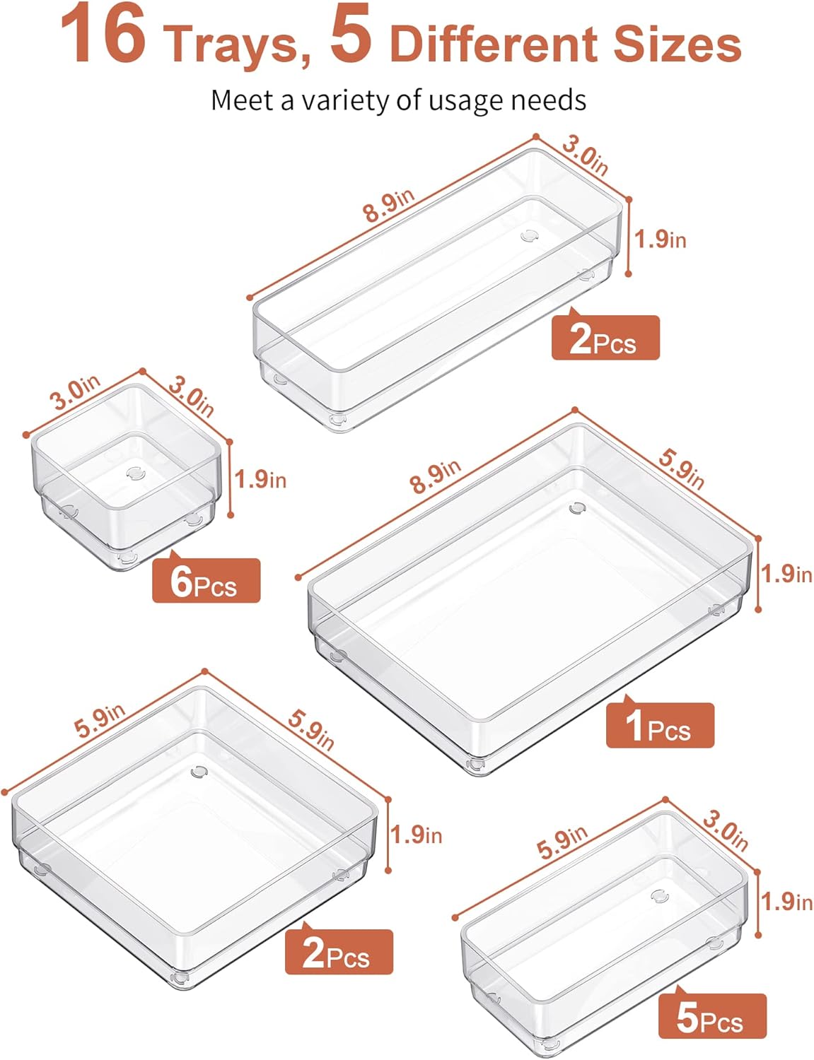 SMARTAKE 16-Piece Drawer Organizer with Non-Slip Silicone Pads, 5-Size Desk Storage Tray for