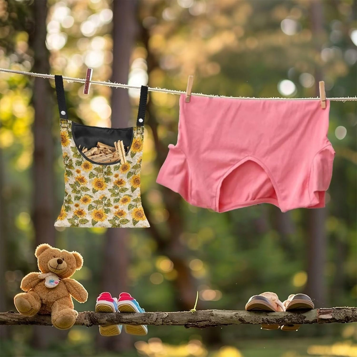 Sunflower Clothespin Organizer Bag with Hanging Hook Waterproof Clothes Pin Storage with Large