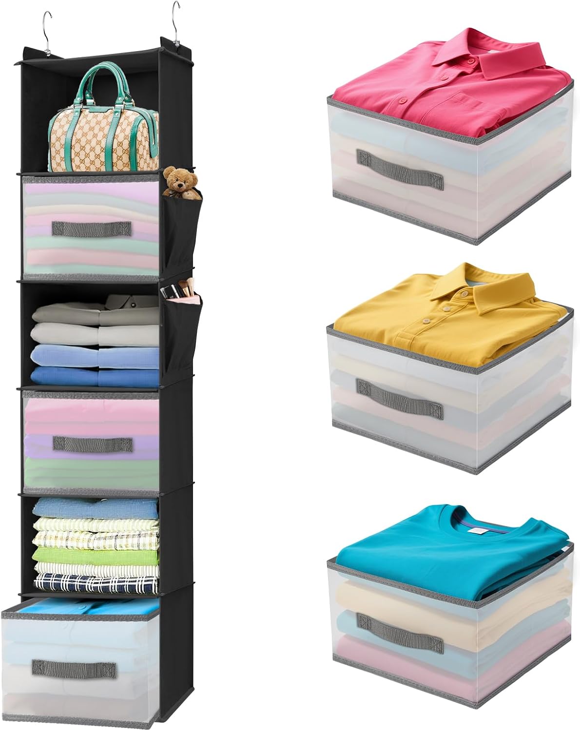 6-Tier Hanging Closet Organizer with 3 Drawers and Side Pockets – Multi-Functional Storage for