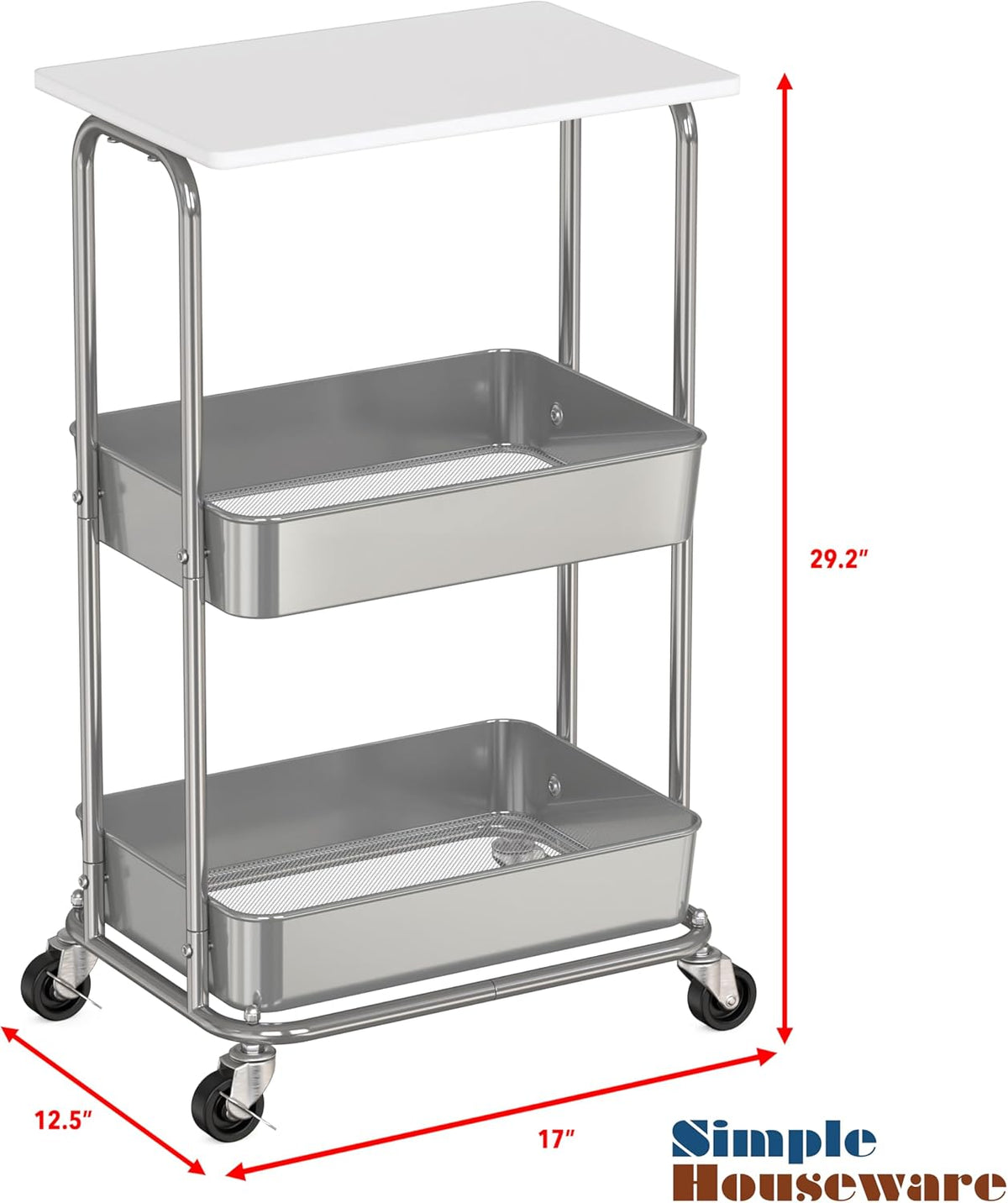 Simple Houseware 2-Tier Rolling Utility Cart with Lockable Wheels and Wood Top, Metal Storage
