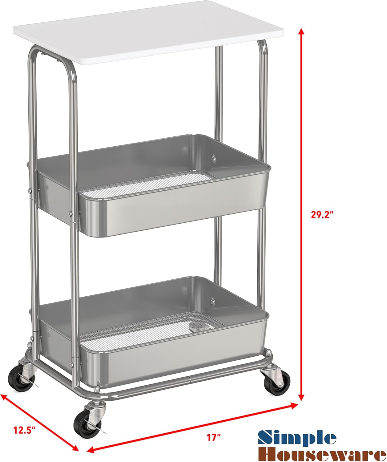 Simple Houseware 2-Tier Rolling Utility Cart with Lockable Wheels and Wood Top, Metal Storage
