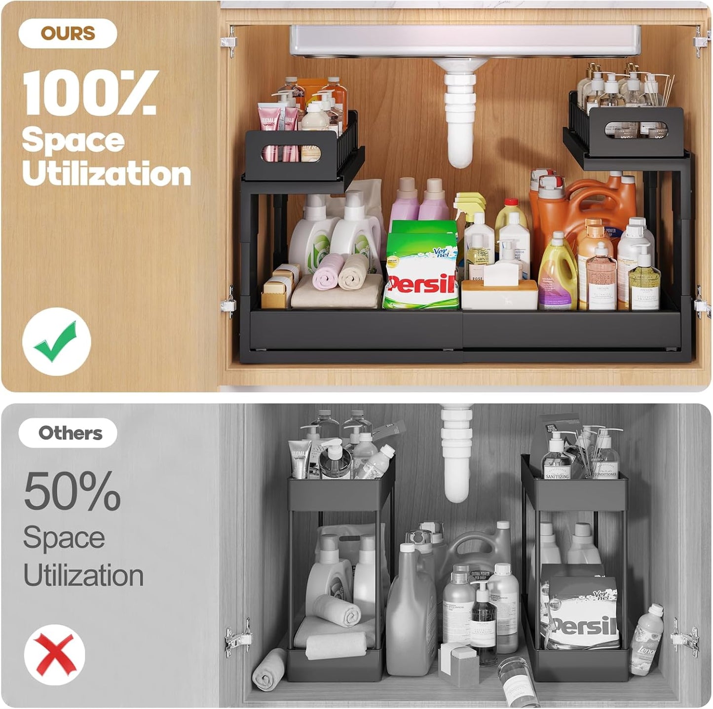1 Pack-15.7"-25.7"W Expandable Under Sink Organizer With Upgrade Ball-Bearing Slide,2-Tier Pull Out