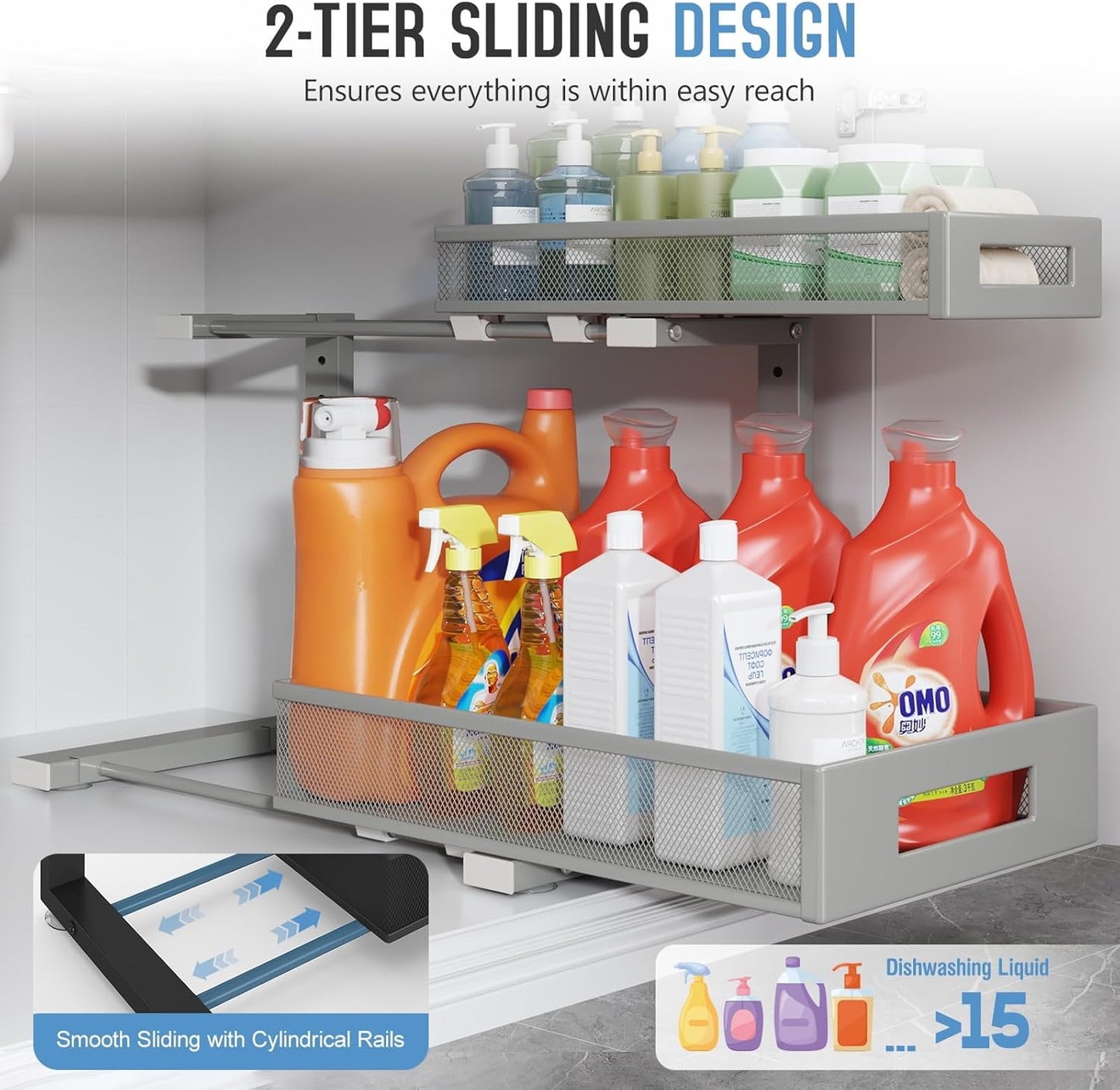 2 Pack 17IN Depth Under Sink Storage Organizer, Large 2-Tier Elegant Mesh Pull Out Shelf for