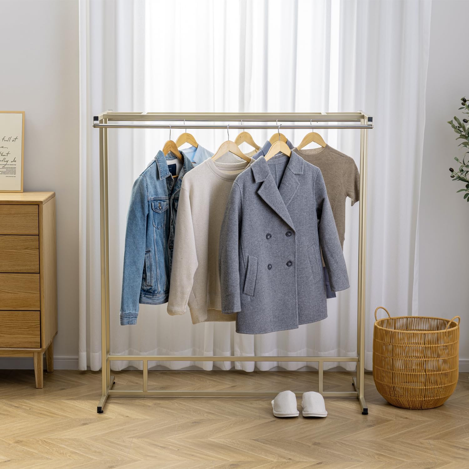MyGift 4ft Tall Brass Tone Stainless Steel Freestanding Garment Rack, Heavy Duty Double Rod Clothes