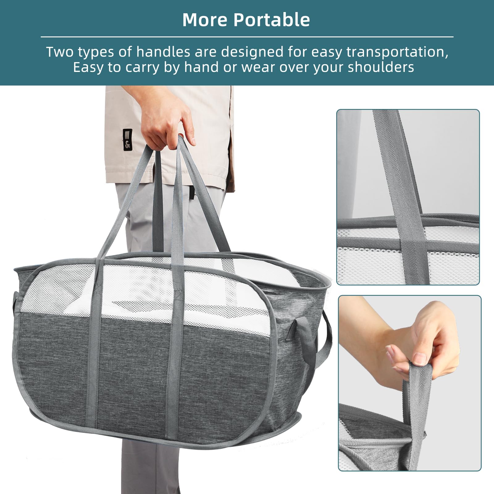 Collapsible Laundry Baskets, Tear Proof Pop Up Laundry Hamper with Dual Handles, Durable Foldable