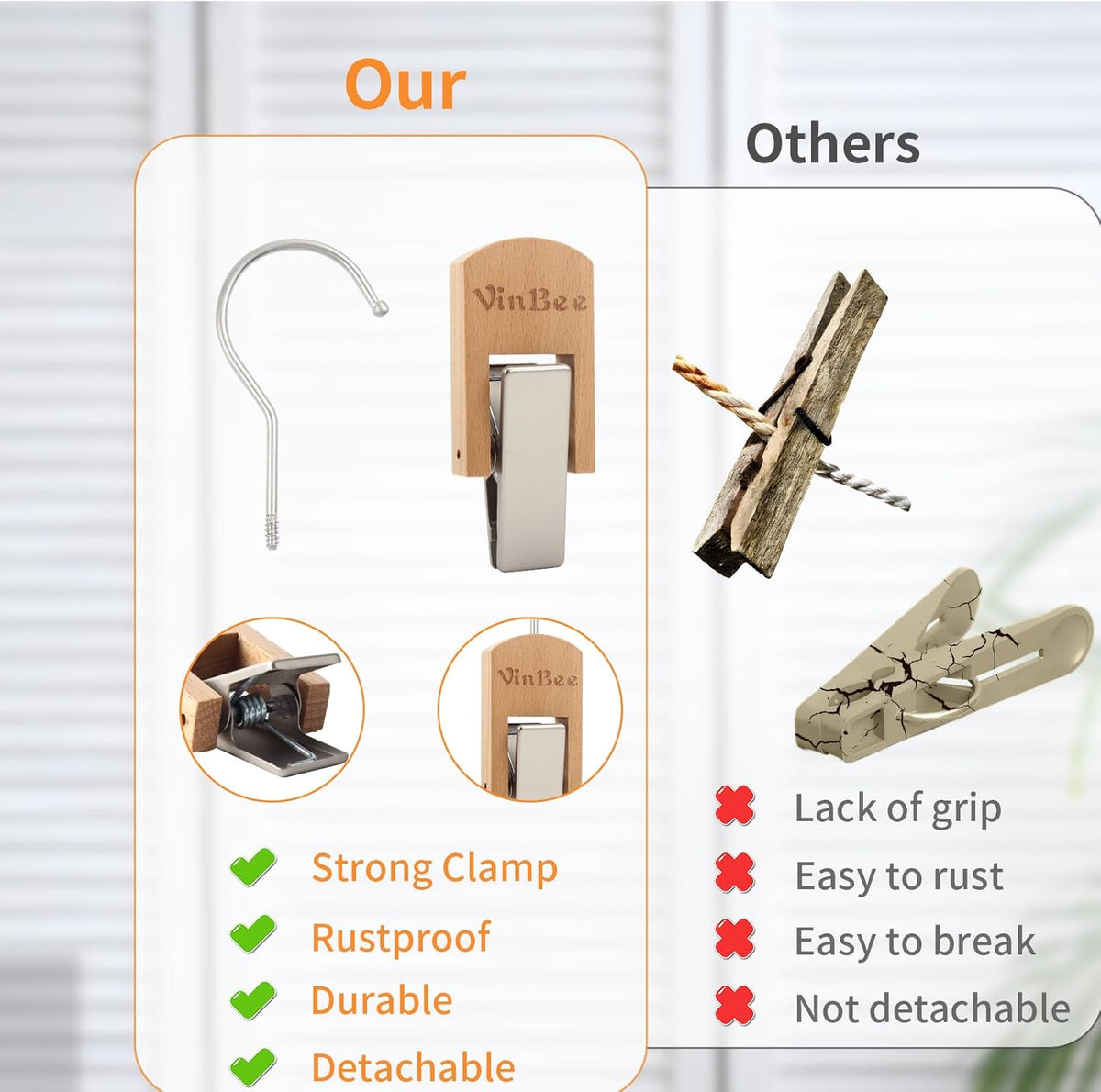 VinBee 6 PCS Hooks with Clips for Hanging,Wooden Laundry Hooks Hanging Clips Hook,Clothes Pins with