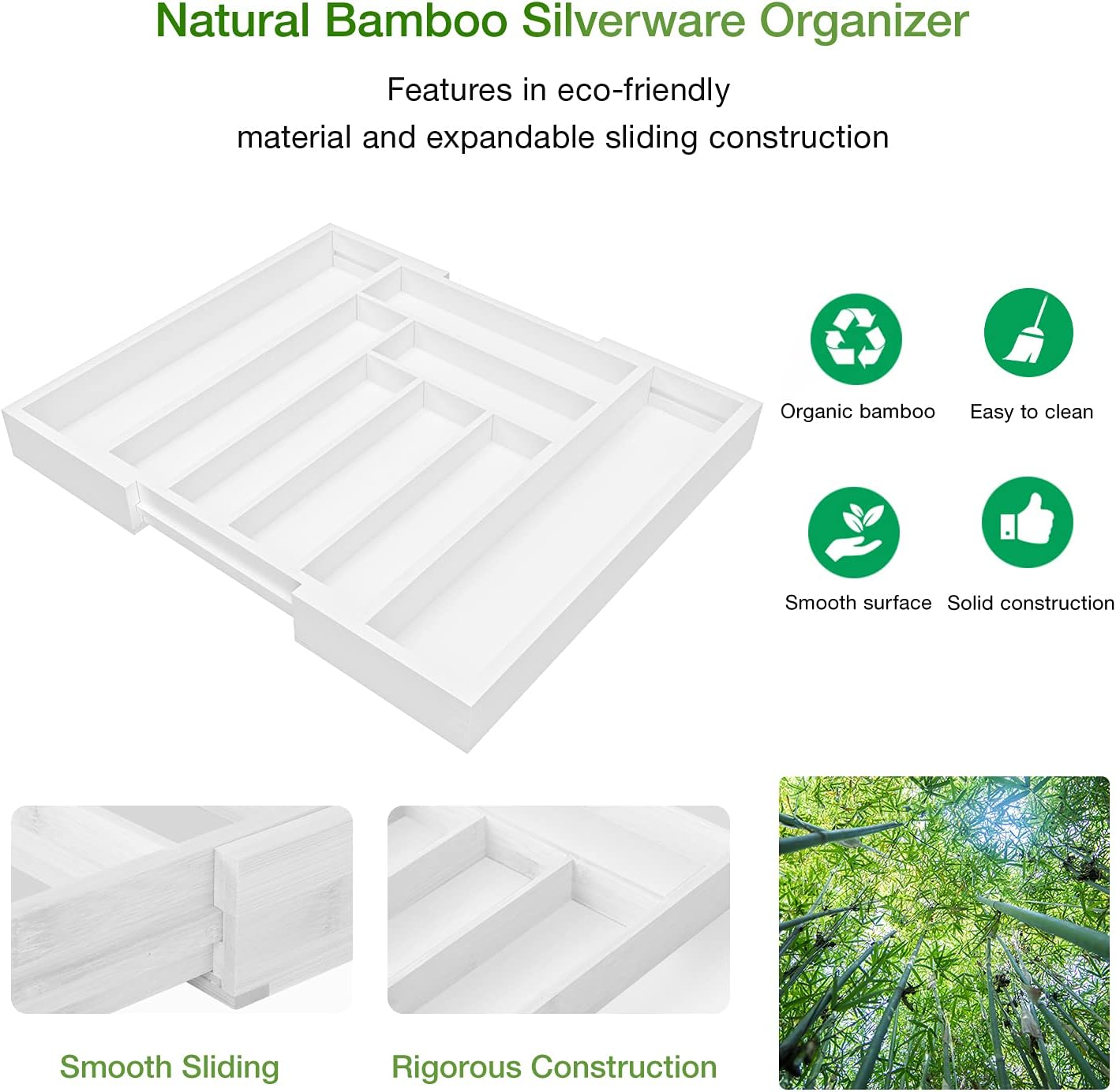 Pipishell Bamboo Expandable Drawer Organizer for Utensils Holder, Adjustable Cutlery Tray, Wood