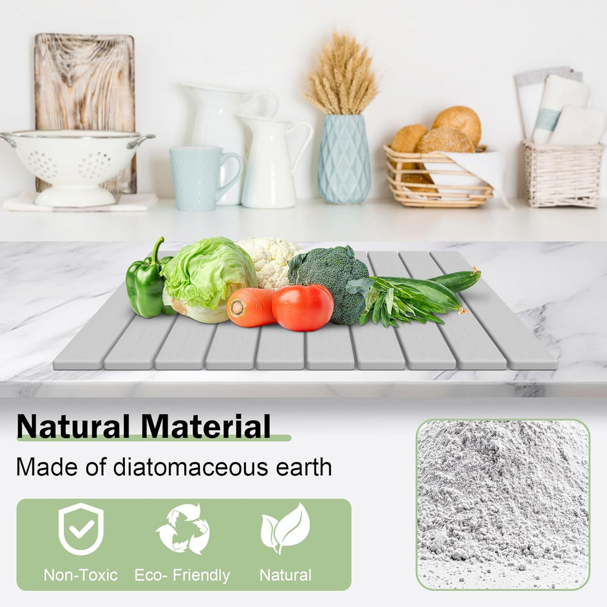 Stone Dish Drying Mat for Kitchen Counter,24"(L)×16"(W) Collapsible Fast-Drying Diatomaceous Earth
