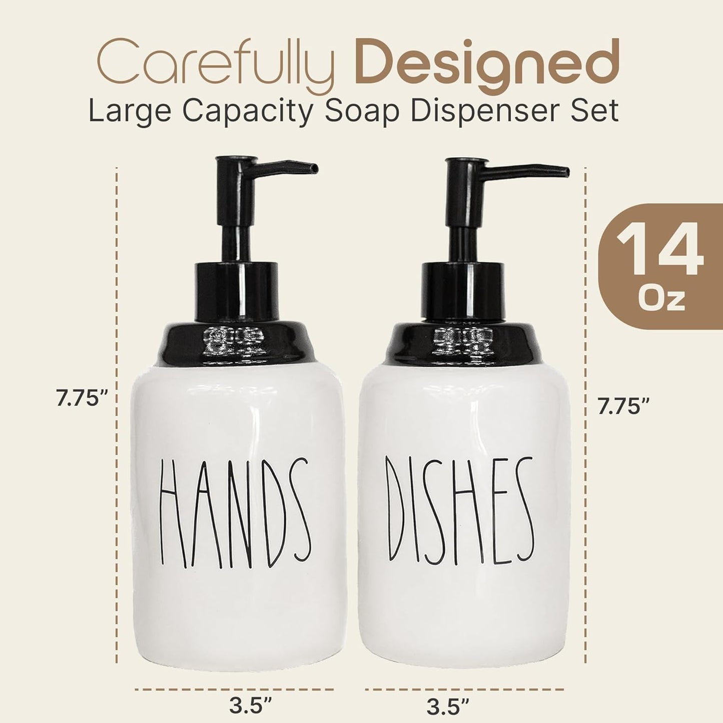 Modern Farmhouse Ceramic Dishes and Hands Soap Dispenser Set for Kitchen | Stainless Steel Pumps |