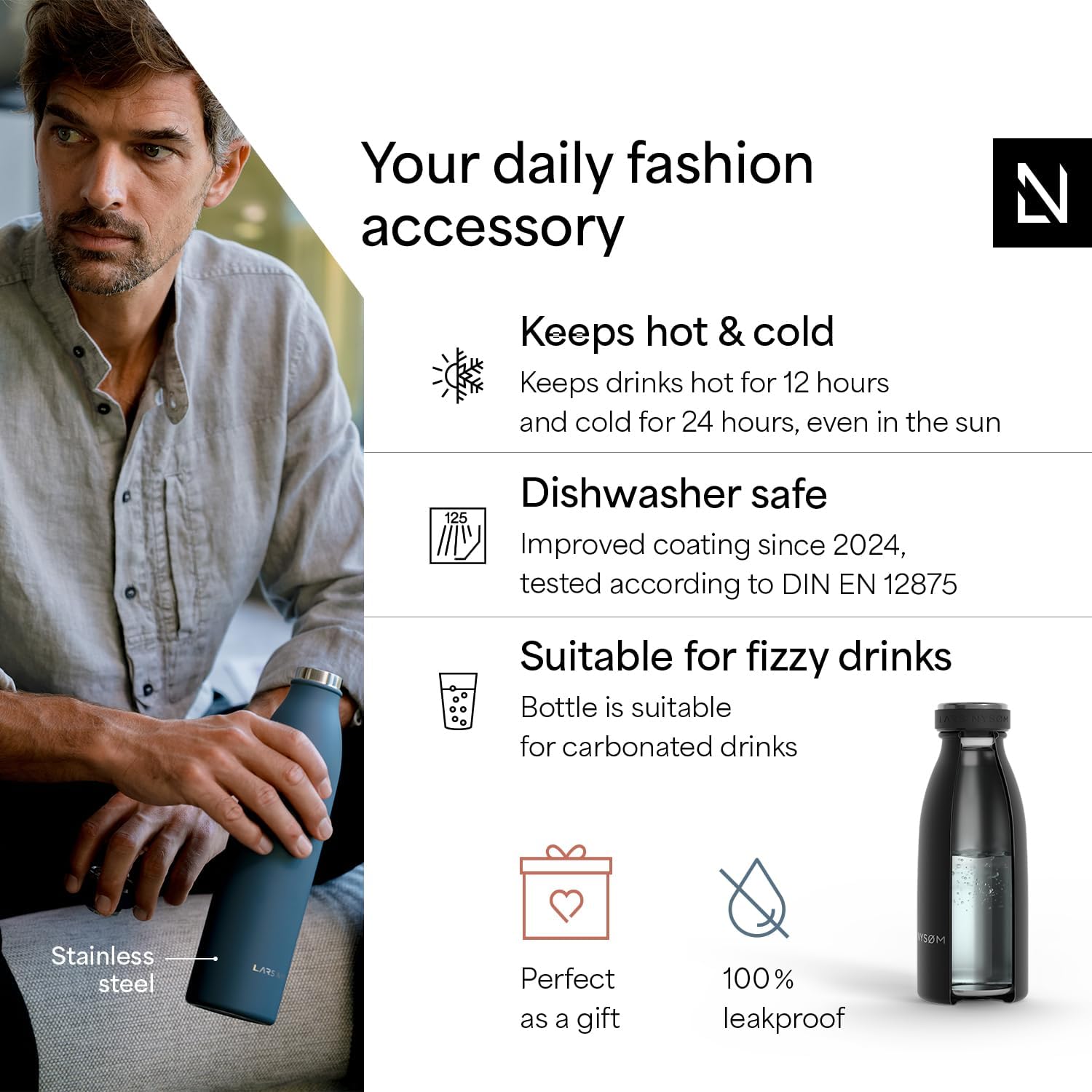 LARS NYSØM Stainless Steel Insulated Water Bottle 12oz 17oz 25oz 34oz 51oz | Insulated Thermo Flask