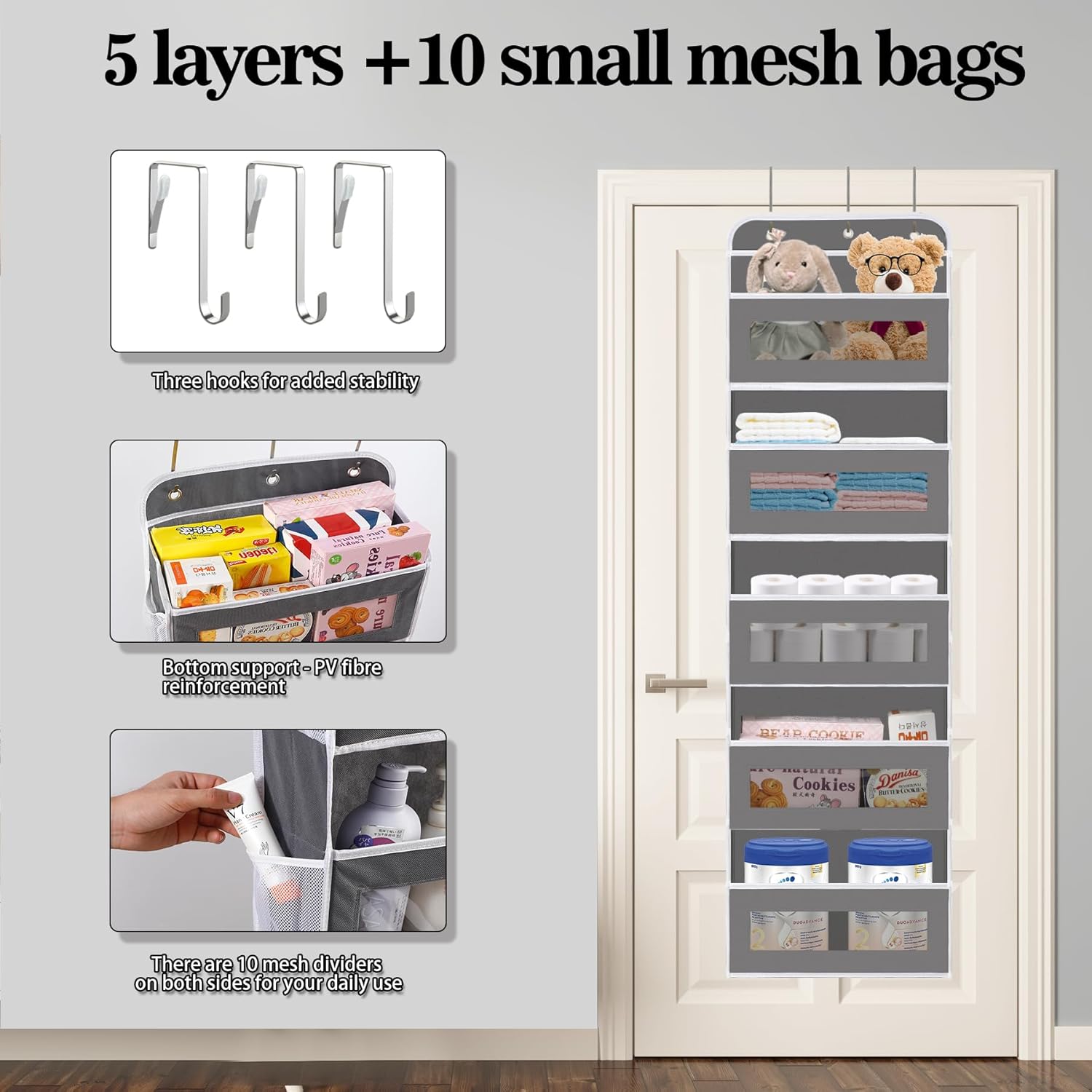 Over The Door Organizer, 5 Shelves Closet Door Hanging Storage and Organizer with 10 Mesh Pockets