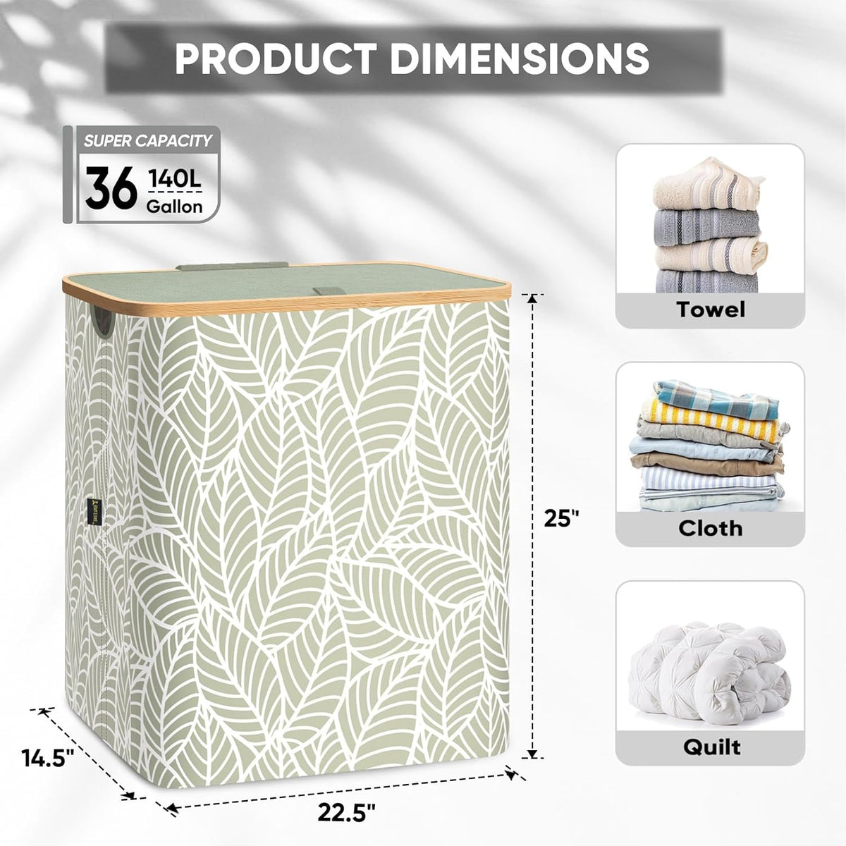 BALEINE Laundry Hamper with Lid, Tall Laundry Baskets with Bamboo Pull Handles, Large Laundry Bin