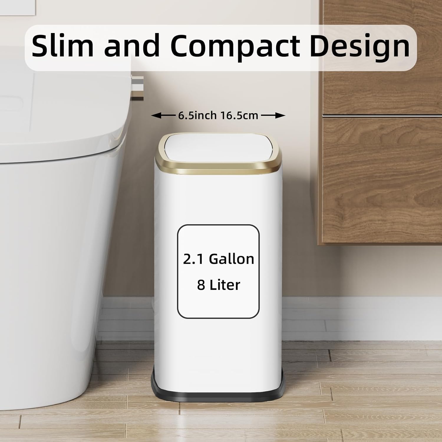 8L/2.1 Gallon Small Bathroom Trash Can with Lid, Swing-Top Rectangular Waste Bin, Stainless Steel