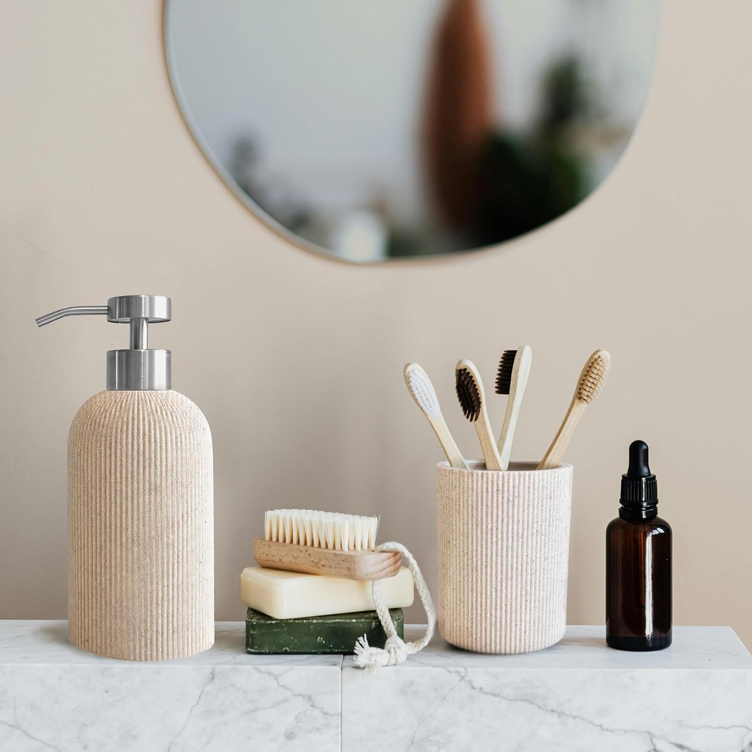 Small Sand Beige Toothbrush Holder for Bathroom Countertop, Modern Boho Farmhouse Style