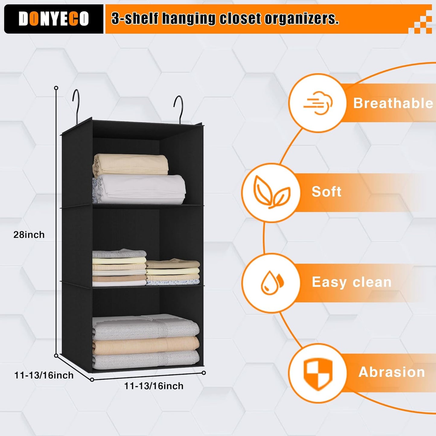 Hanging Closet Organizer - 3-Shelf, Easy Mount Foldable Wardrobe Storage Shelves for Clothes