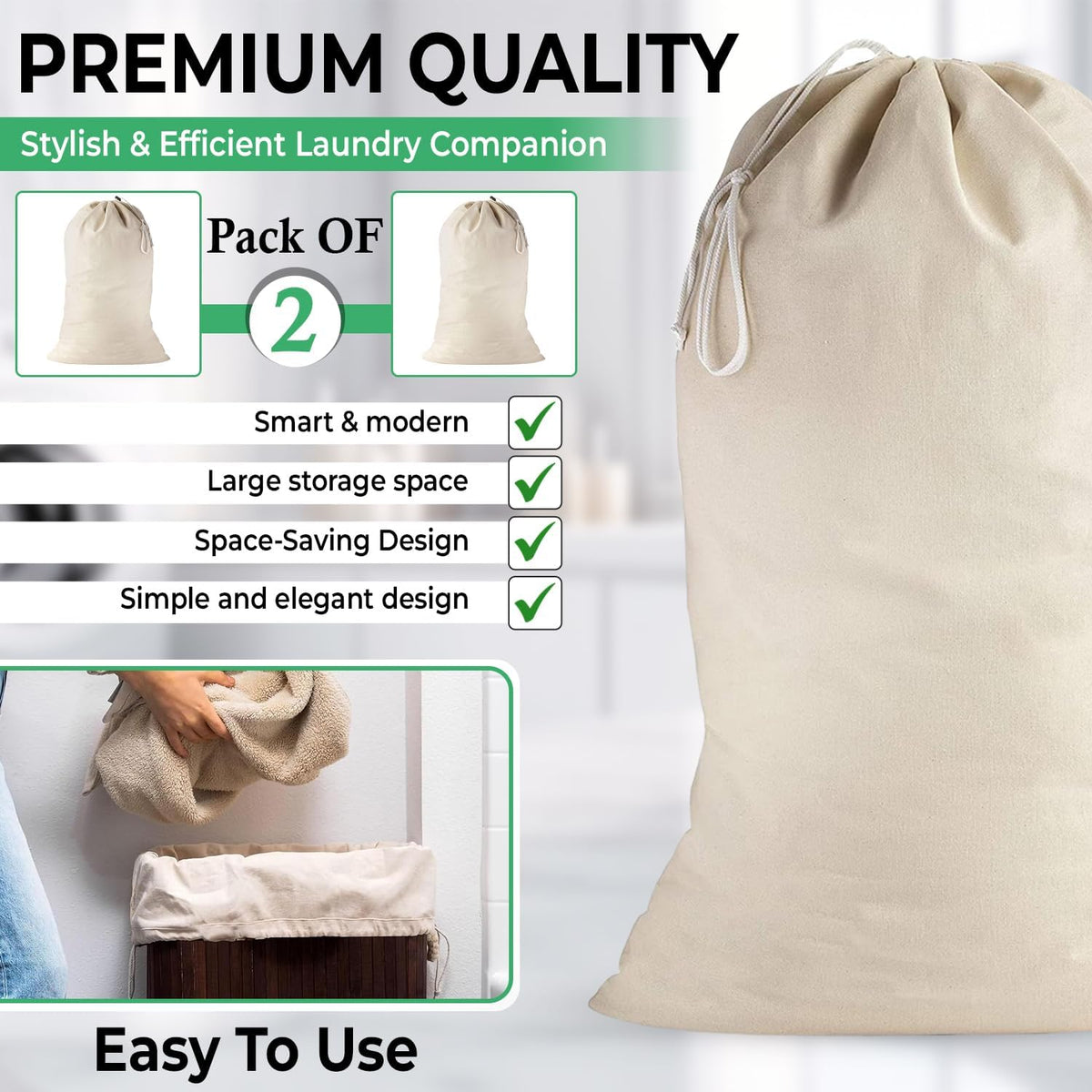 Large Cotton Laundry Bags 24x36 Inch with Drawstring, Heavy Duty Travel Organizer for Hamper
