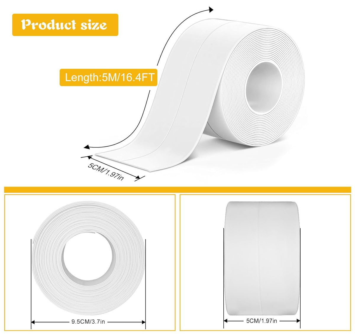 ABSOFINE Caulk Tape Waterproof Self Adhesive 1.97" x16.4Ft, White Toilet Caulk Sealant Tape, Shower