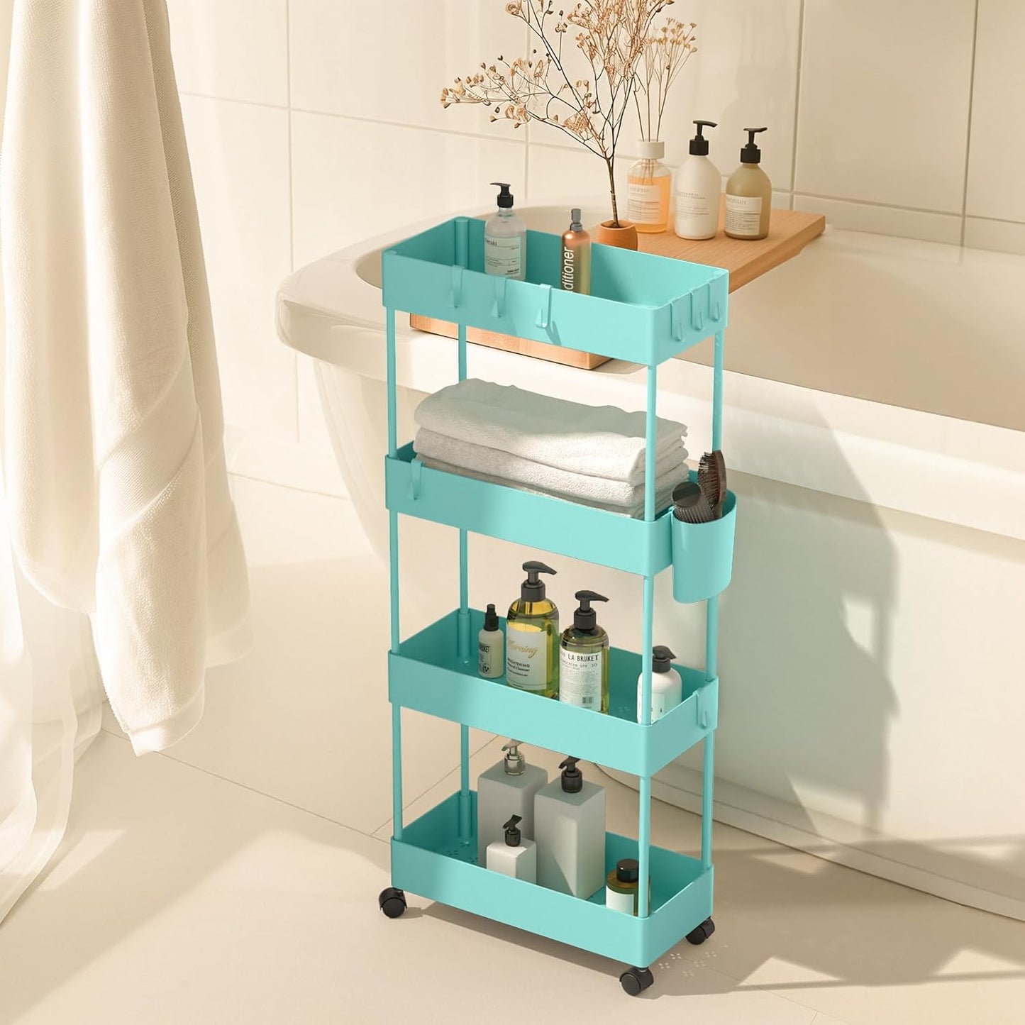 Pipishell Slim Storage Cart with Wheels, 4 Tier Bathroom Storage Organizer Rolling Utility Cart for