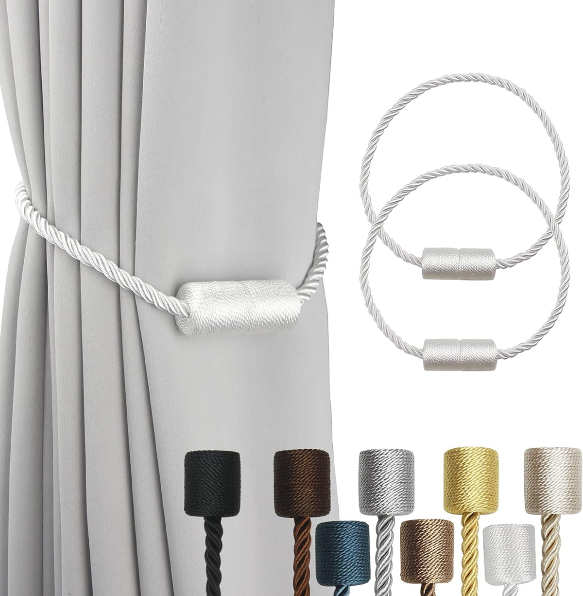 2 Pack White Strong Magnetic Curtain Tiebacks Outdoor Elegant Decorative Tie Backs Modern Rope