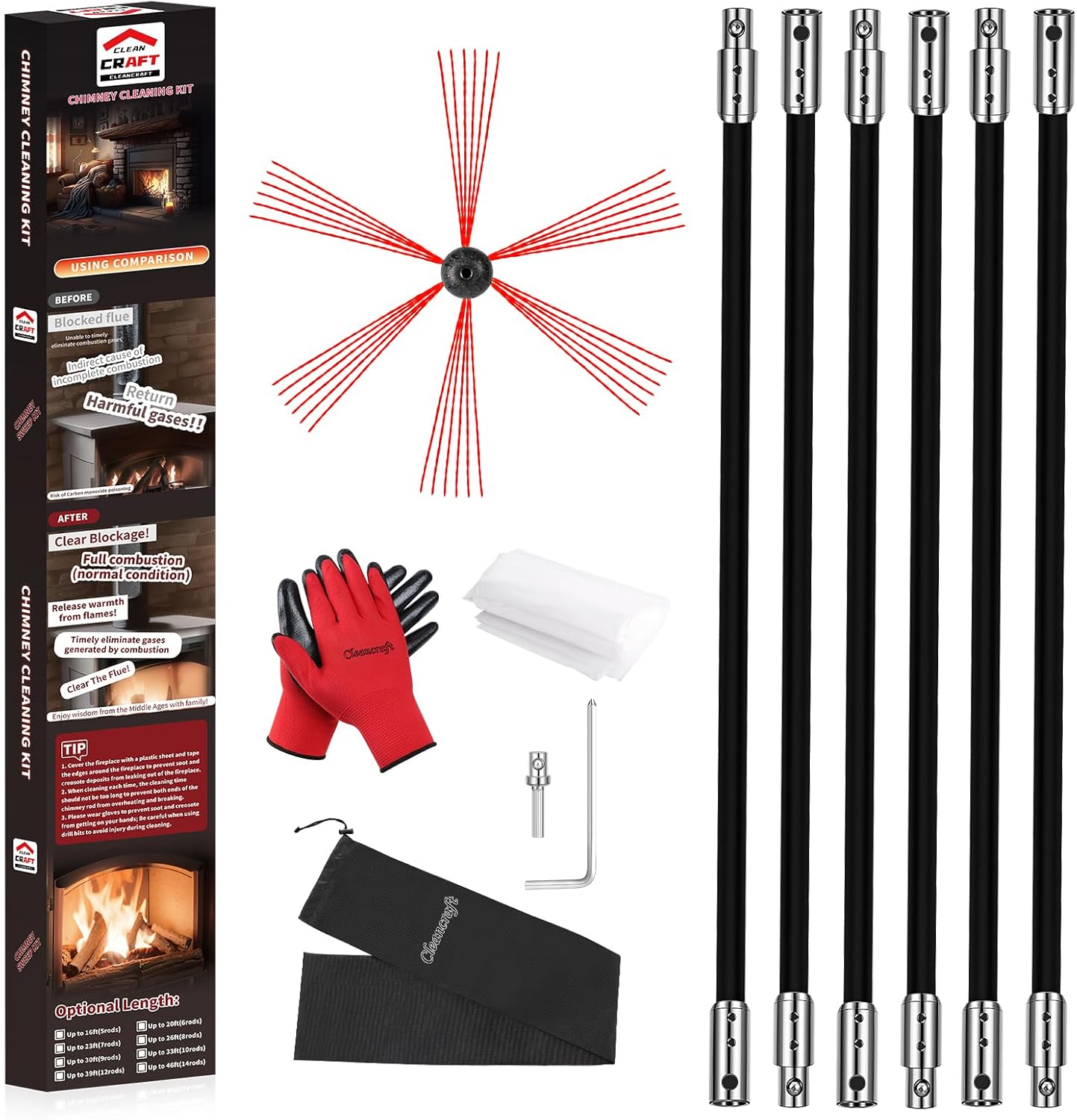 20 Feet Chimney Sweep Kit, Chimney Cleaning Kit with 6 Flexible Black Chimney Rods, Chimney Brush