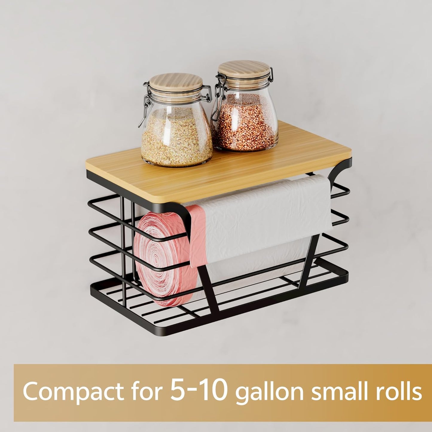 Small Grocery Bag Holder, Trash bag holder with Removable Bamboo Top, Wall Mount, No Drill