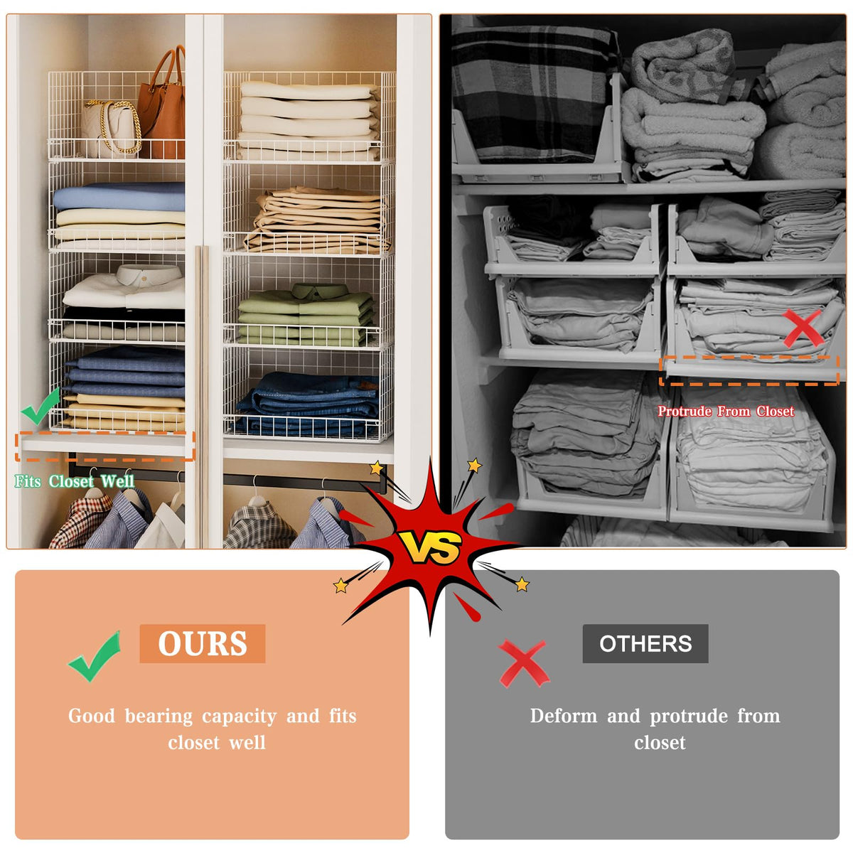Yociyoga 4-Tier Stackable Closet Organizers and Storage Basket, Foldable Closet Shelf Organizer