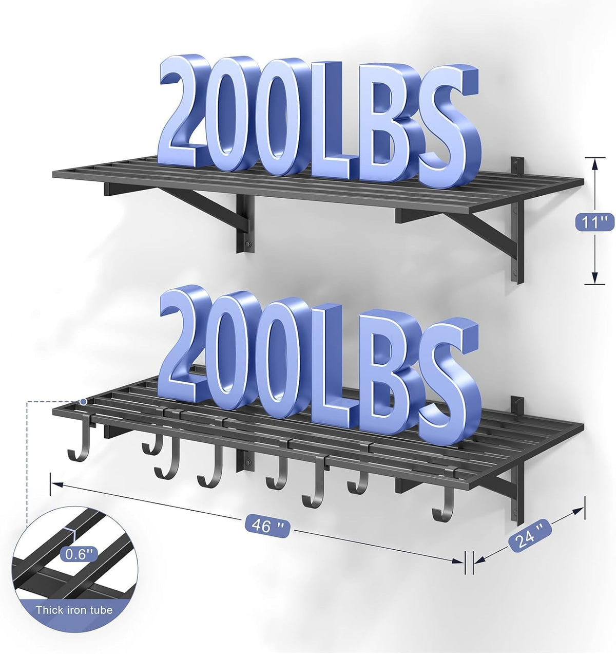 2-Pack 2x4ft Garage Shelving Wall Mounted, 2' x 4' Heavy Duty Garage Storage Shelves with Hooks
