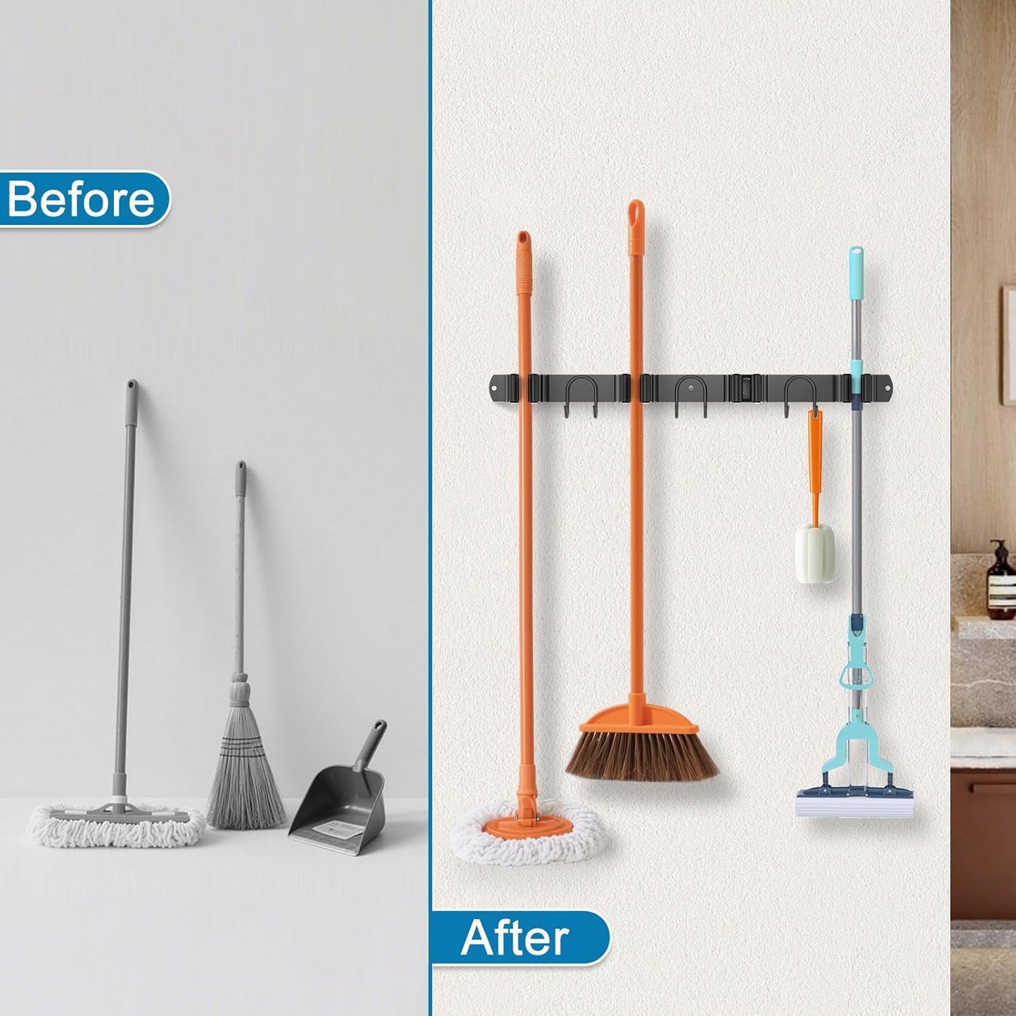 Broom Holder Wall Mount, 2 Packs Black Stainless Steel Tool Storage Organizer for Kitchen Garden