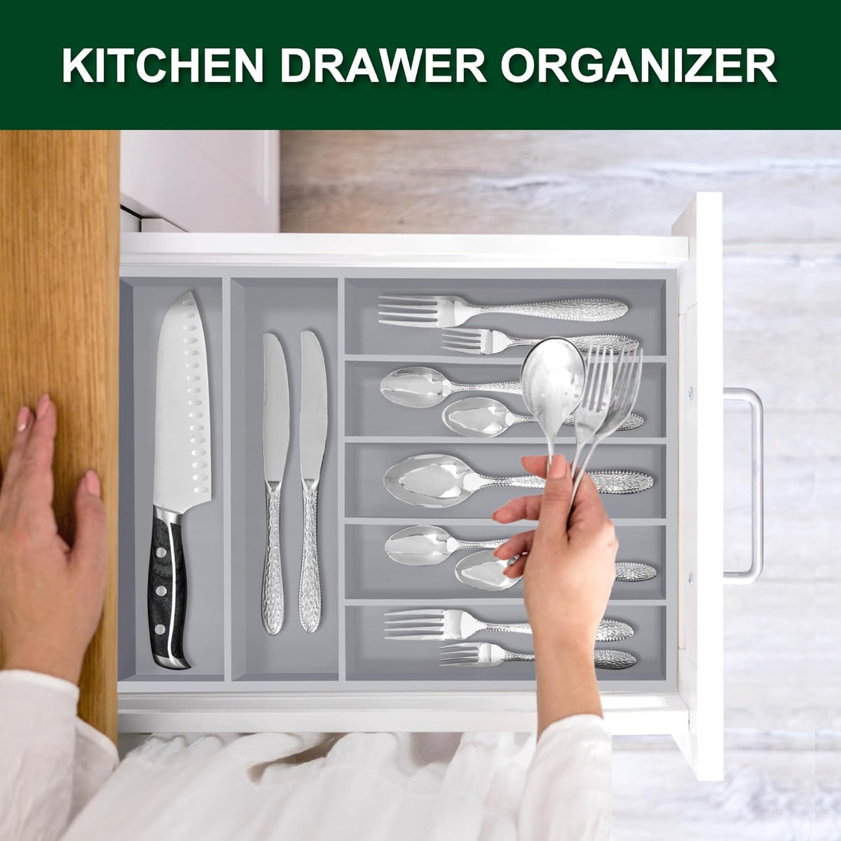 Bellsal Grey Utensil Organizer 12.5 Inch Silverware Tray for Drawer Utensil Holder Cutlery