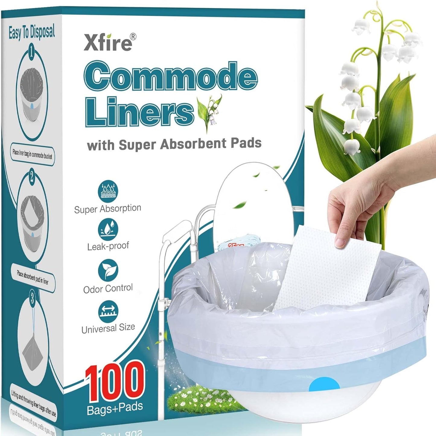 Commode Liners with Absorbent Pads- 100 Commode Bags+ 100 Commode Pads, Extra Thicken Commode