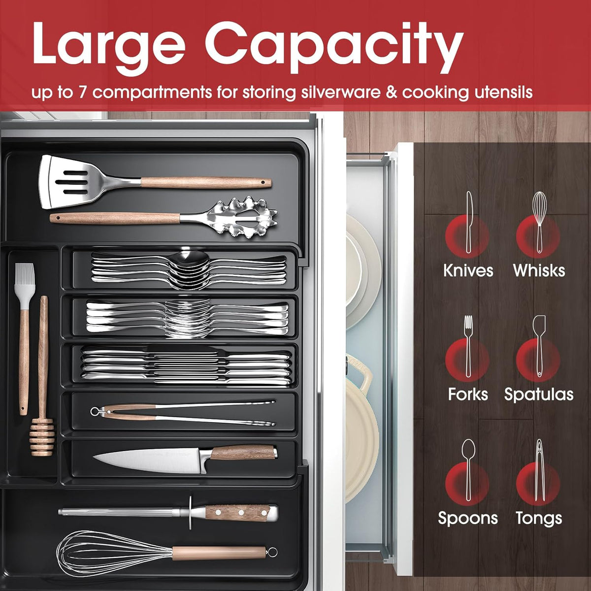 Aujen Silverware Organizer - Expandable Kitchen Drawer Organizer, Adjustable Utensil Organizer