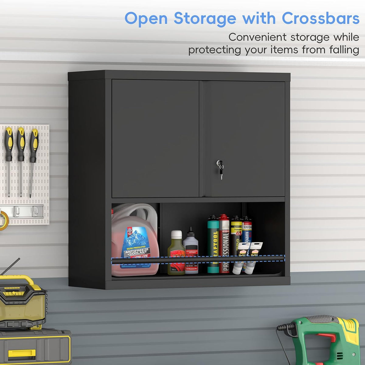 Locking Cabinet, Black Wall Storage Cabinet with Shelves, Hanging Cabinets with Open Storage, Small