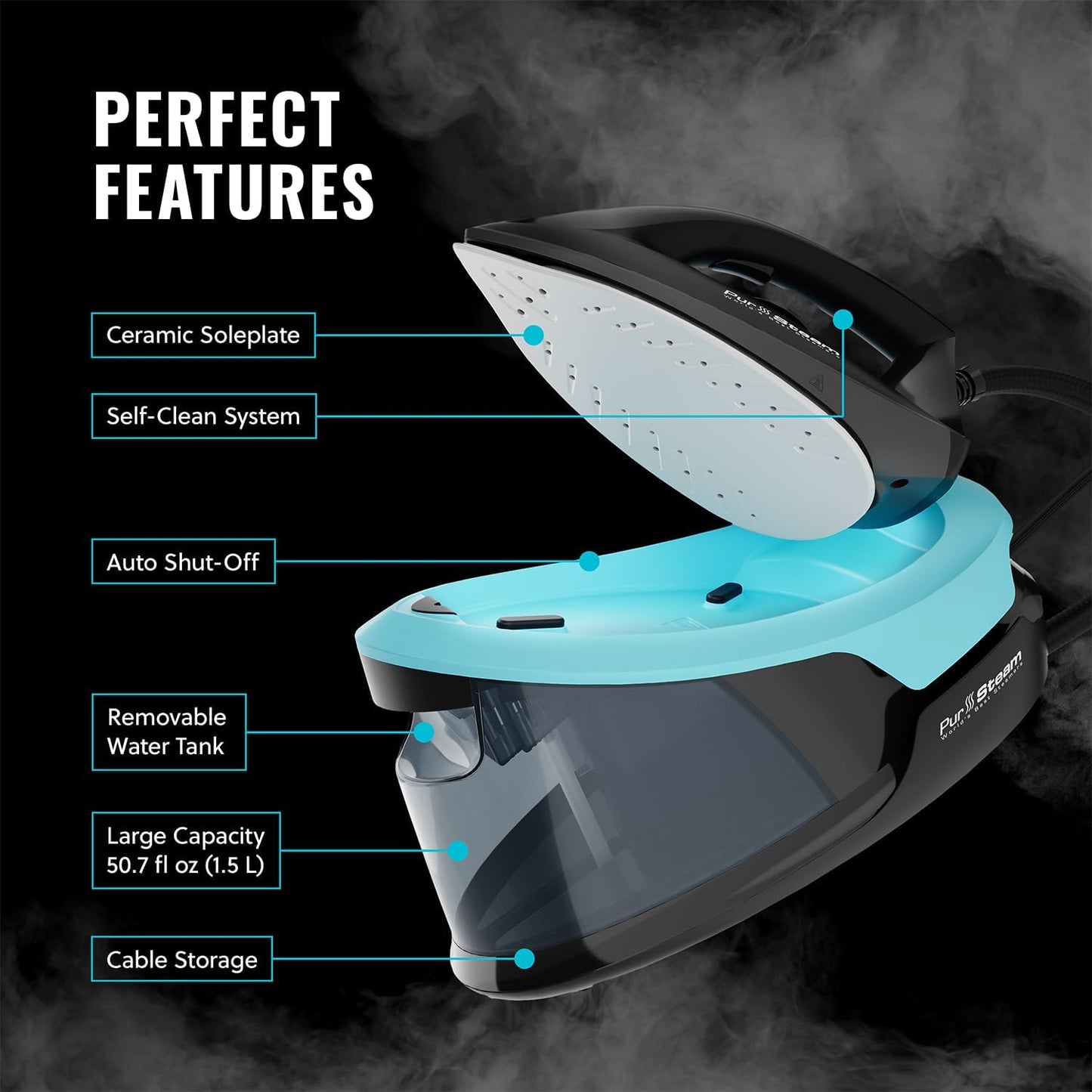 Pursteam Steam Station Max Ceramic Soleplate Steam Iron for Clothes 1500W, 50.7oz Removable Water