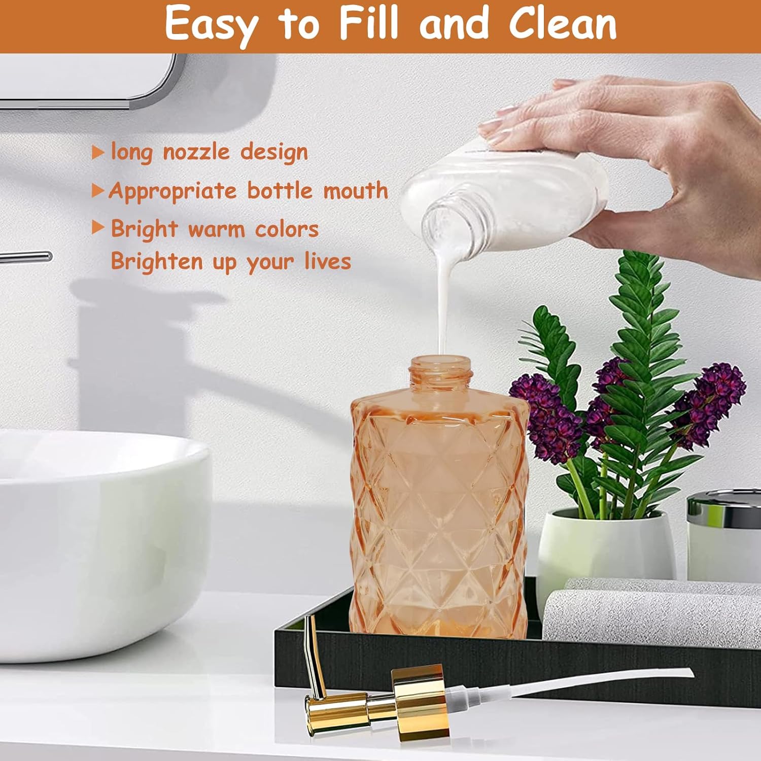 Glass Soap Dispenser with Gold Plastic Pump, 12oz Refillable Liquid Hand Soap Dispenser, Crystal