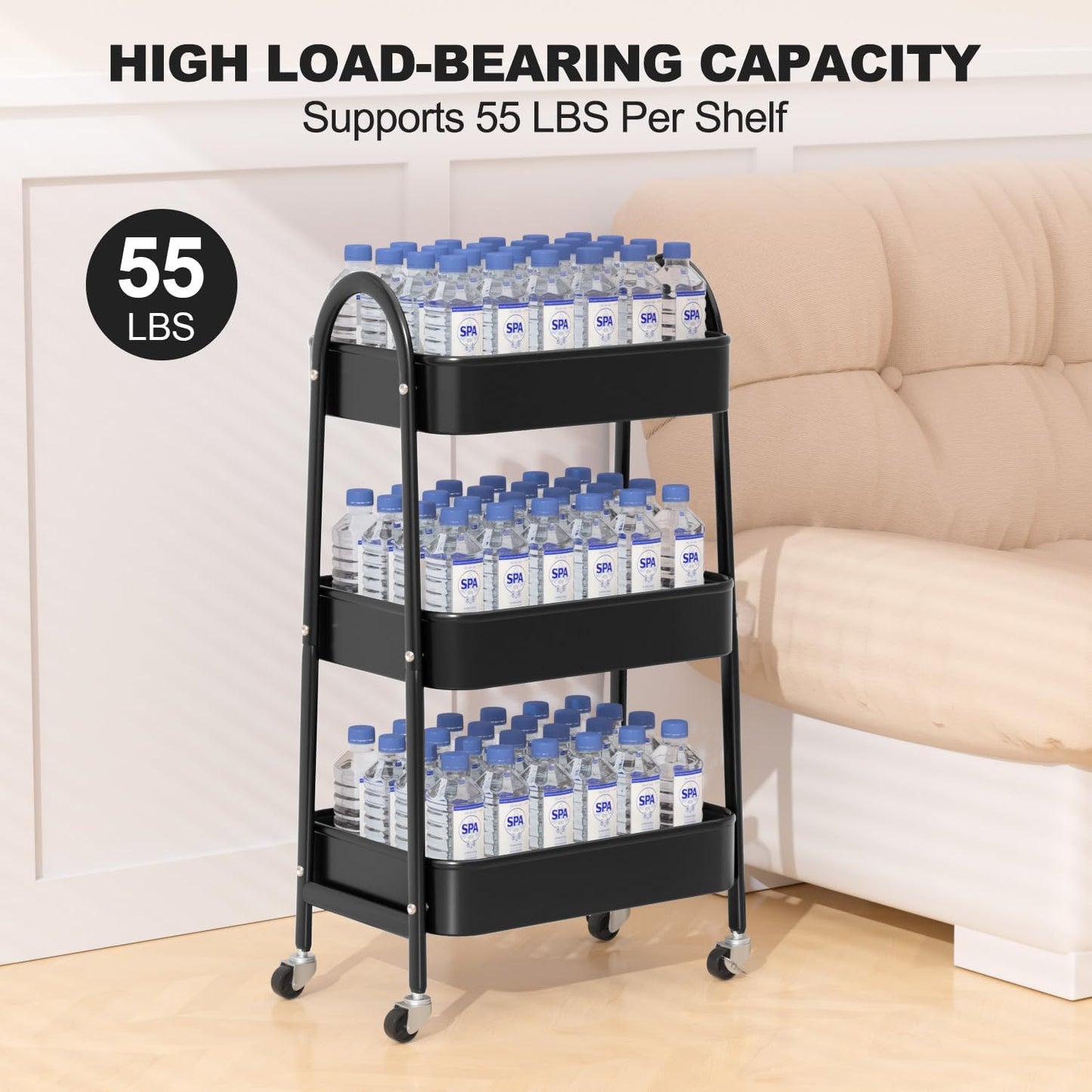 EAGMAK 3 Tier Rolling Cart, Large Metal Storage Cart with Handle and Lockable Wheels, Big