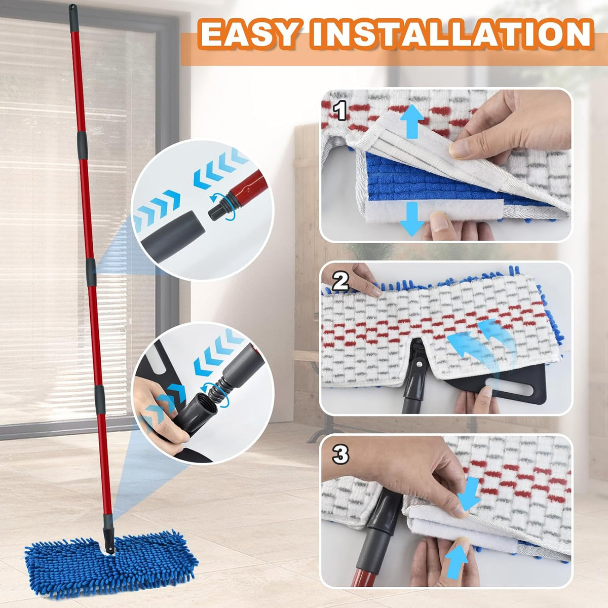 Microfiber Mops for Floor Cleaning, Flat Mop for Wet & Dry Use, Dust Mop for Hardwood Floors with 3