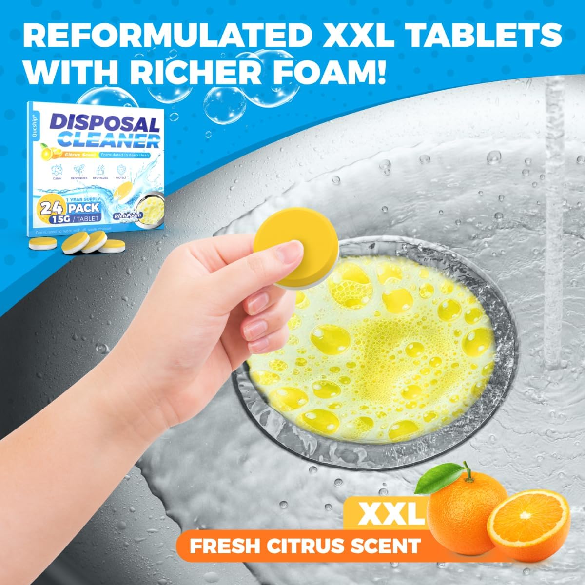 Qucship Powerful XXL Foaming Garbage Disposal Cleaner and Deodorizer Tablets - 24 Pack, Citrus