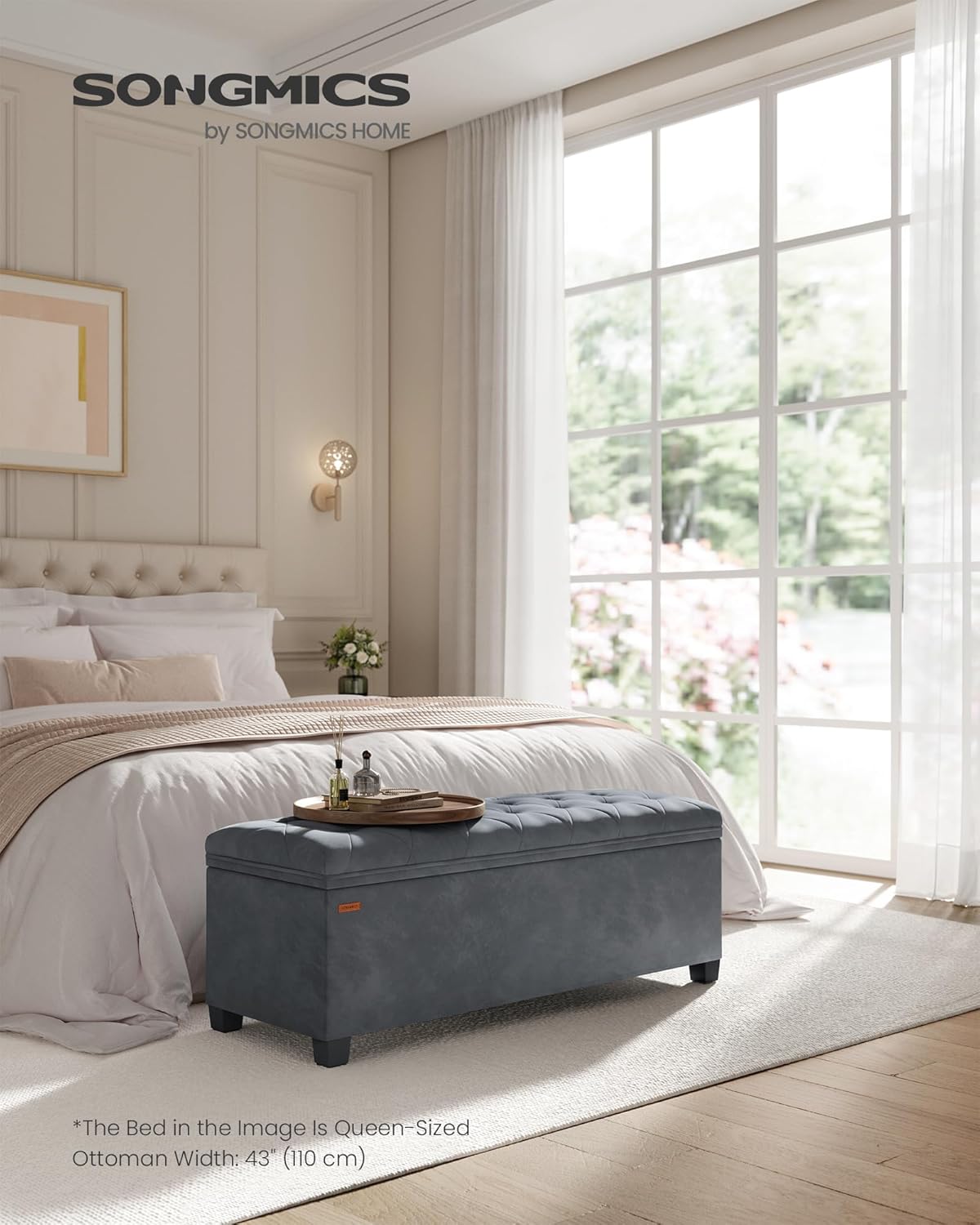 SONGMICS Velvet Storage Ottoman Bench, Foot Rest with Legs, 15.7 x 43 x 15.7 Inches, End of Bed